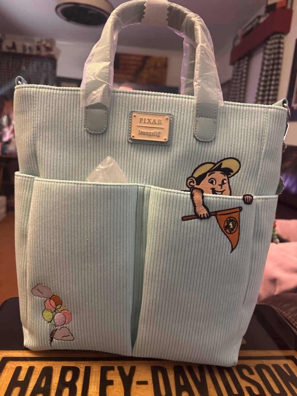 Loungefly Pixar Light Blue Corduroy Satchel with Character Patches